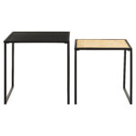 Dakota Nest of 2 Tables. Nesting tables. Black iron tables. Rattan and metal tables. Durable side tables. Space-saving furniture. Modern tables. Minimalist design. Natural living. Home furniture. Living room tables. Versatile tables. Black furniture. Contemporary decor. Stylish tables. Functional furniture. Accent tables. Small space furniture. Sleek square frames. Eco-friendly materials. Rustic-modern style.