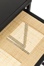 Dakota Nest of 2 Tables. Nesting tables. Black iron tables. Rattan and metal tables. Durable side tables. Space-saving furniture. Modern tables. Minimalist design. Natural living. Home furniture. Living room tables. Versatile tables. Black furniture. Contemporary decor. Stylish tables. Functional furniture. Accent tables. Small space furniture. Sleek square frames. Eco-friendly materials. Rustic-modern style.