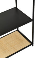 Dakota shelf unit. 5 tier shelf. Black metal shelf. Natural rattan shelves. Open storage. Sturdy metal frame. Home storage. Living room furniture. Modern shelves. Natural living. Contemporary furniture. Black shelving unit. Versatile storage. Decorative shelves. Home organization. Rustic style. Minimalist shelves. Bookcase. Display shelves. Home decor.