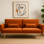 Ava Velvet Sofa Bed. Velvet sofa bed. Burnt orange sofa. Teal sofa. Mink sofa. Velvet upholstery. Foam padding. Rose gold legs. Modern sofa bed. Space-saving furniture. Living room sofa. Convertible sofa. Stylish sofa bed. Comfortable sofa. Contemporary furniture. Home furniture. Multifunctional sofa. Bedroom furniture. Luxe sofa bed. Velvet furniture. Sleek design. Angular arms. Modern statement piece. Sofa bed with metal legs. Durable sofa bed. Velvet couch. Trendy sofa colors. Velvet seating. Compact sofa bed.