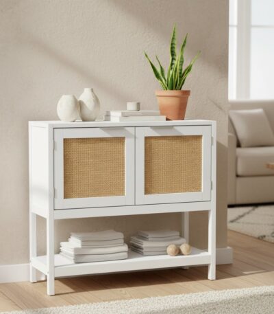 home. furniture. side cabinet. storage cabinet. wooden cabinet. white cabinet. rattan furniture. natural rattan. compact storage. modern cabinet. white sideboard. boho furniture. living room storage. hallway cabinet. entryway furniture. small storage unit. contemporary design. earthy decor. painted wood. minimalist style. two-door cabinet. versatile storage. shelf unit. natural accents. sustainable materials. white and rattan. scandi style.