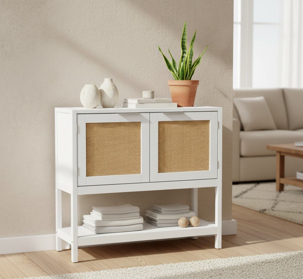 Brio Side Cabinet home. furniture. side cabinet. storage cabinet. wooden cabinet. white cabinet. rattan furniture. natural rattan. compact storage. modern cabinet. white sideboard. boho furniture. living room storage. hallway cabinet. entryway furniture. small storage unit. contemporary design. earthy decor. painted wood. minimalist style. two-door cabinet. versatile storage. shelf unit. natural accents. sustainable materials. white and rattan. scandi style.