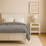 White. Wood. Natural rattan panels. Undershelf. Bedside table. Bedroom furniture. Storage solution. Minimalist design. Organic texture. Scandinavian style. Home decor. Natural living. Compact furniture. Contemporary. Durable. Modern. Eco-friendly materials. Lightweight. Versatile. Stylish. Functional. Space-saving. Handcrafted. Neutral tones. Cosy. Elegant. Timeless design.