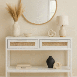 Brio. Console Table. White. Wood. Natural Rattan. Rattan Panels. Undershelf. Storage. Living Room Furniture. Home Decor. Earthy Aesthetic. Minimalist Design. Scandinavian Style. Light Furniture. Functional Furniture. Stylish Console. Natural Materials. Contemporary Home. Neutral Colors. Modern Furniture.