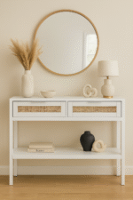 Brio. Console Table. White. Wood. Natural Rattan. Rattan Panels. Undershelf. Storage. Living Room Furniture. Home Decor. Earthy Aesthetic. Minimalist Design. Scandinavian Style. Light Furniture. Functional Furniture. Stylish Console. Natural Materials. Contemporary Home. Neutral Colors. Modern Furniture.