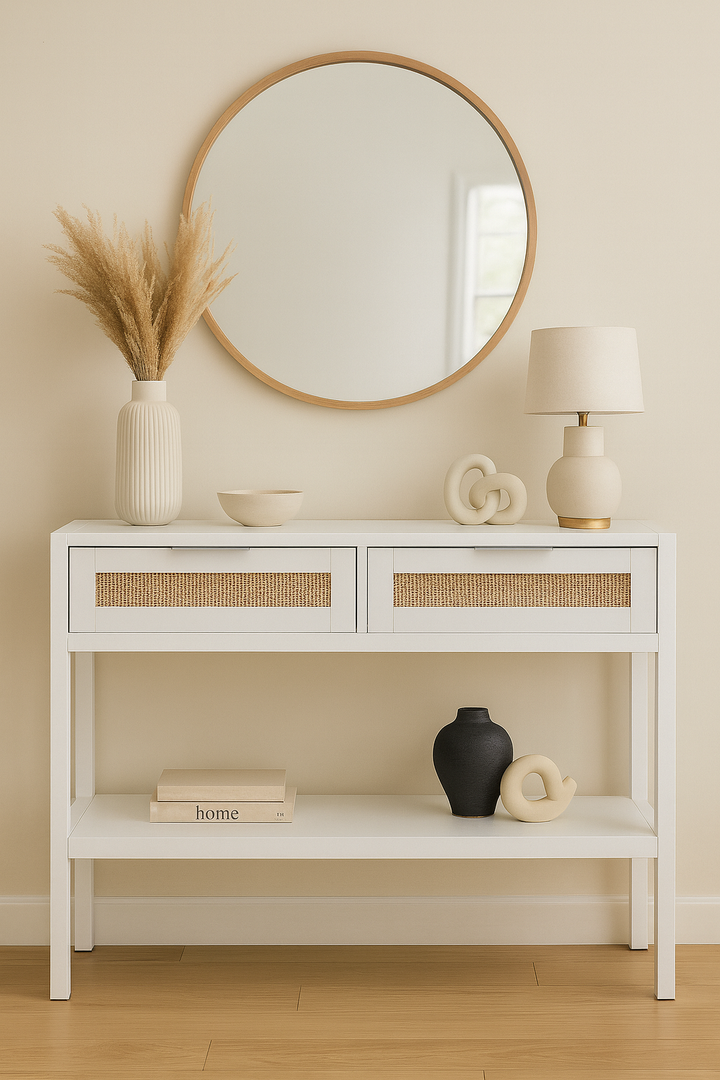 Brio Console Table Brio. Console Table. White. Wood. Natural Rattan. Rattan Panels. Undershelf. Storage. Living Room Furniture. Home Decor. Earthy Aesthetic. Minimalist Design. Scandinavian Style. Light Furniture. Functional Furniture. Stylish Console. Natural Materials. Contemporary Home. Neutral Colors. Modern Furniture.