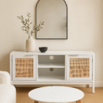 Brio Media Unit. White wood furniture. Natural rattan panels. Open shelves. Closed shelves. Storage solution. Living room furniture. Modern design. Minimalist style. Home organisation. Neutral colours. Eco-friendly materials. Durable build. Contemporary furniture. Stylish storage. Practical media console.