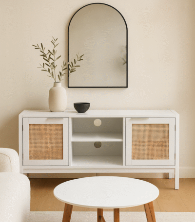 Brio Media Unit. White wood furniture. Natural rattan panels. Open shelves. Closed shelves. Storage solution. Living room furniture. Modern design. Minimalist style. Home organisation. Neutral colours. Eco-friendly materials. Durable build. Contemporary furniture. Stylish storage. Practical media console.