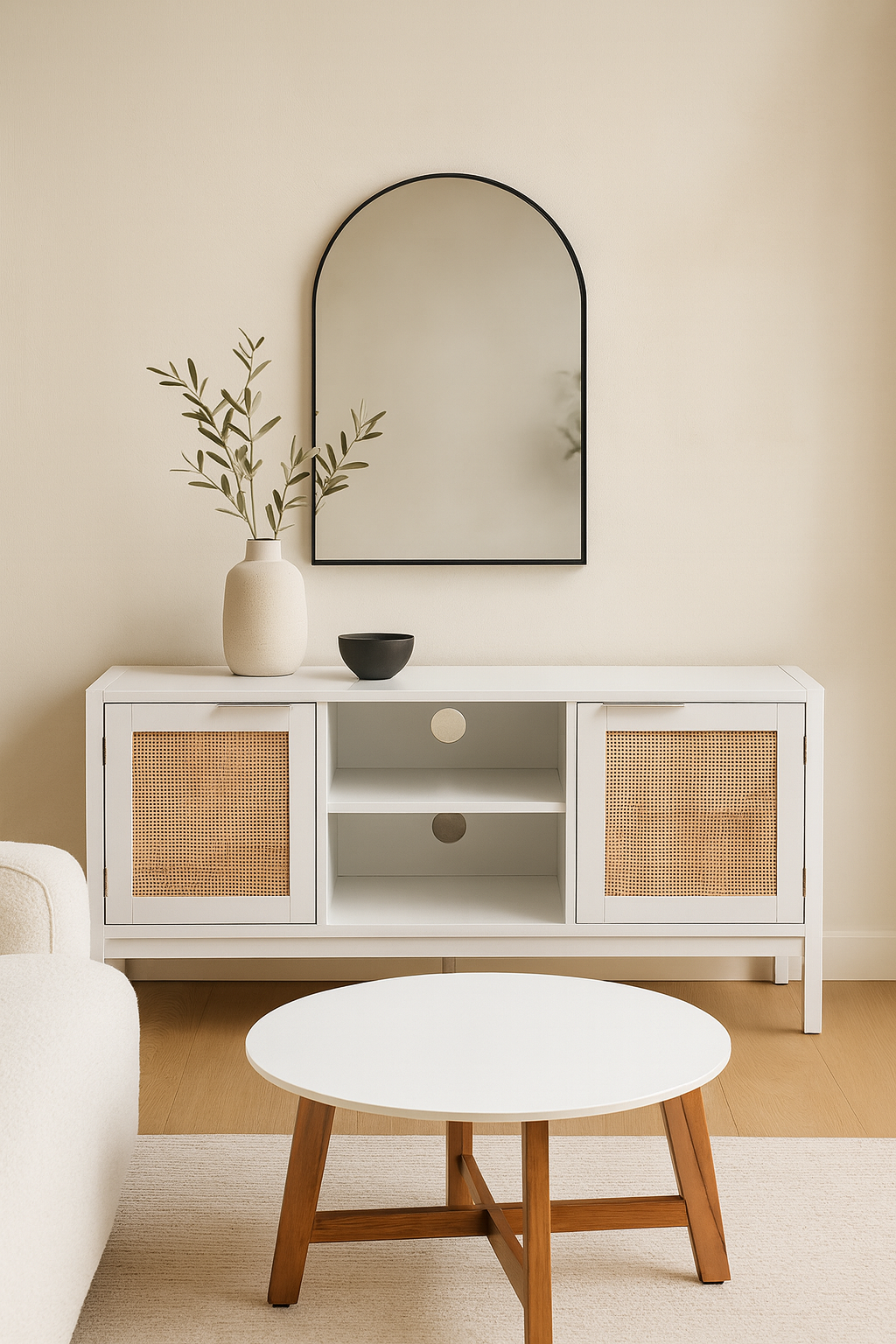 Brio Media Unit Brio Media Unit. White wood furniture. Natural rattan panels. Open shelves. Closed shelves. Storage solution. Living room furniture. Modern design. Minimalist style. Home organisation. Neutral colours. Eco-friendly materials. Durable build. Contemporary furniture. Stylish storage. Practical media console.