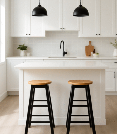 Bar stool. Kitchen stool. Wooden bar stool. Natural wood. A-frame legs. Black. White. Grey. Modern rustic furniture. Home furniture. Seating. Counter stool. Bar seating. Minimalist furniture. Scandi style. Farmhouse bar stool. Breakfast bar chair. Footrest stool. Compact bar stool. Solid wood stool. Contemporary seating.