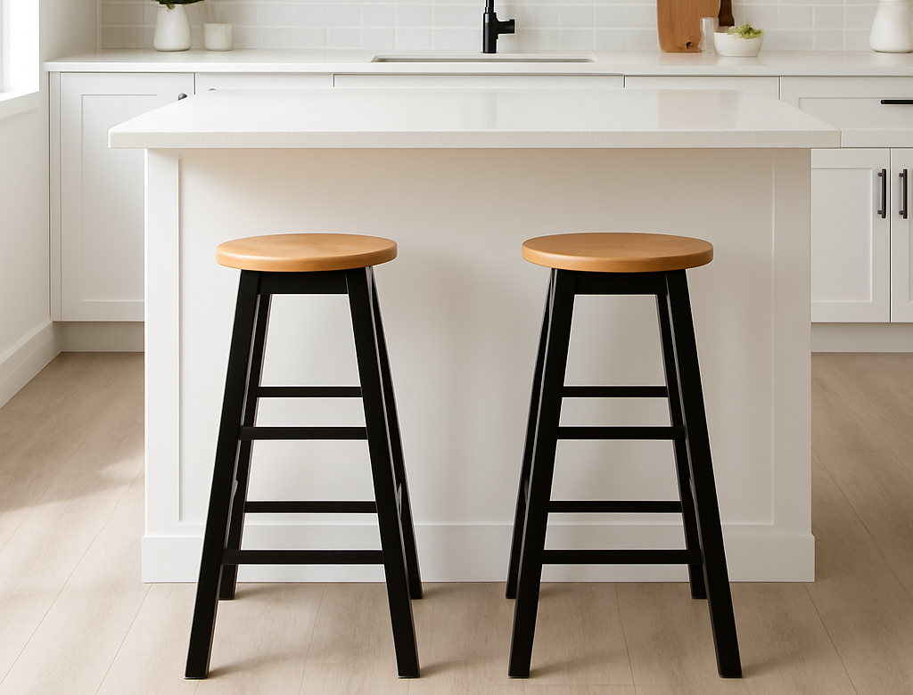 Colton Black Bar Stool Bar stool. Kitchen stool. Wooden bar stool. Natural wood. A-frame legs. Black. White. Grey. Modern rustic furniture. Home furniture. Seating. Counter stool. Bar seating. Minimalist furniture. Scandi style. Farmhouse bar stool. Breakfast bar chair. Footrest stool. Compact bar stool. Solid wood stool. Contemporary seating.