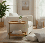 Virion side table. 2 tier side table. Natural wood veneer. Wooden side table. Round side table. Minimalist table. Small space furniture. Compact table. Modern side table. Natural wood finish. Home decor. Wood furniture. Functional side table. Contemporary living room furniture. Two level table. Natural colour table. Scandinavian style. Bedroom side table. Sustainable furniture.