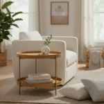 Virion side table. 2 tier side table. Natural wood veneer. Wooden side table. Round side table. Minimalist table. Small space furniture. Compact table. Modern side table. Natural wood finish. Home decor. Wood furniture. Functional side table. Contemporary living room furniture. Two level table. Natural colour table. Scandinavian style. Bedroom side table. Sustainable furniture.