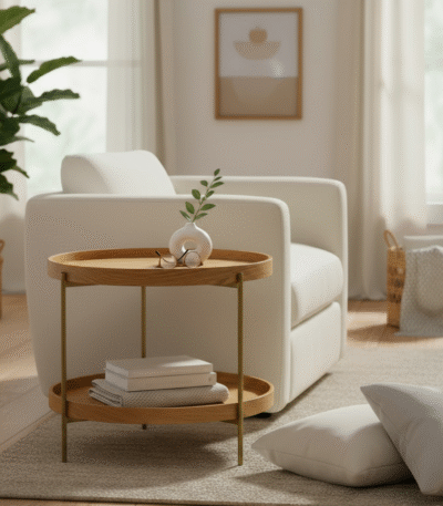 Virion side table. 2 tier side table. Natural wood veneer. Wooden side table. Round side table. Minimalist table. Small space furniture. Compact table. Modern side table. Natural wood finish. Home decor. Wood furniture. Functional side table. Contemporary living room furniture. Two level table. Natural colour table. Scandinavian style. Bedroom side table. Sustainable furniture.