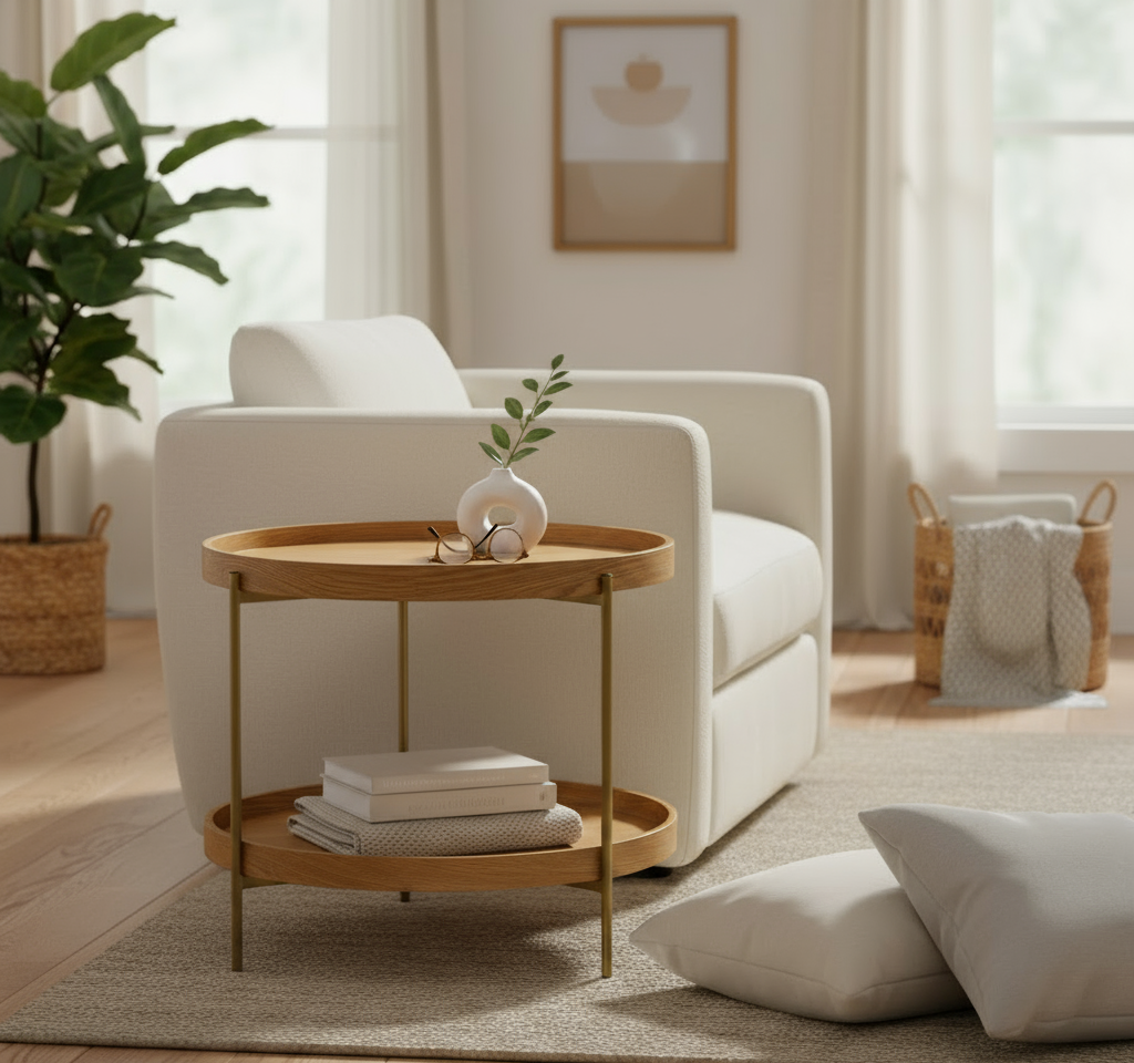 Virion 2 Tier Side Table Virion side table. 2 tier side table. Natural wood veneer. Wooden side table. Round side table. Minimalist table. Small space furniture. Compact table. Modern side table. Natural wood finish. Home decor. Wood furniture. Functional side table. Contemporary living room furniture. Two level table. Natural colour table. Scandinavian style. Bedroom side table. Sustainable furniture.