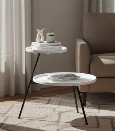 side table. 2 tier table. iron side table. minimalist furniture. black iron legs. white table. grey table. contemporary table. modern home décor. compact table. living room furniture. bedroom furniture. monochrome furniture. stylish side table. metal frame table. small space furniture. home accessories. interior design. functional furniture. sleek furniture.