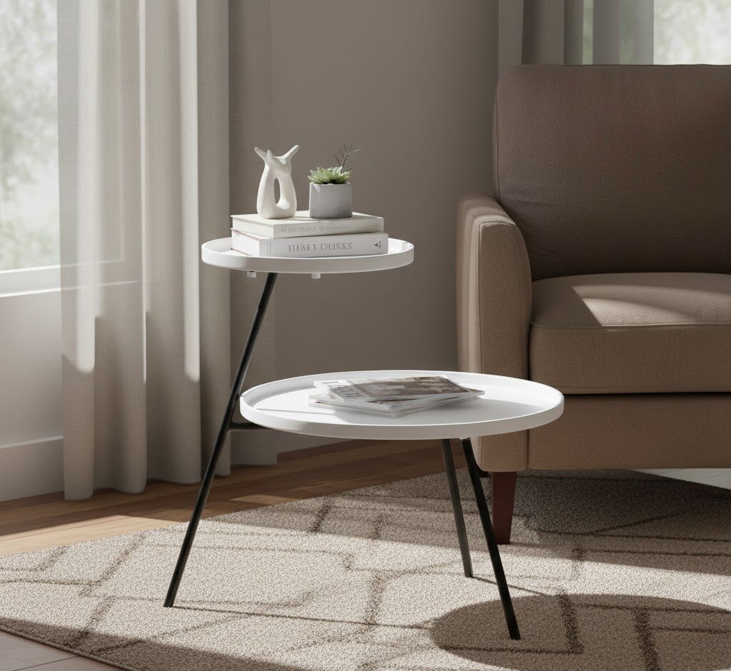 Elaro 2 Shelf Side Table side table. 2 tier table. iron side table. minimalist furniture. black iron legs. white table. grey table. contemporary table. modern home décor. compact table. living room furniture. bedroom furniture. monochrome furniture. stylish side table. metal frame table. small space furniture. home accessories. interior design. functional furniture. sleek furniture.