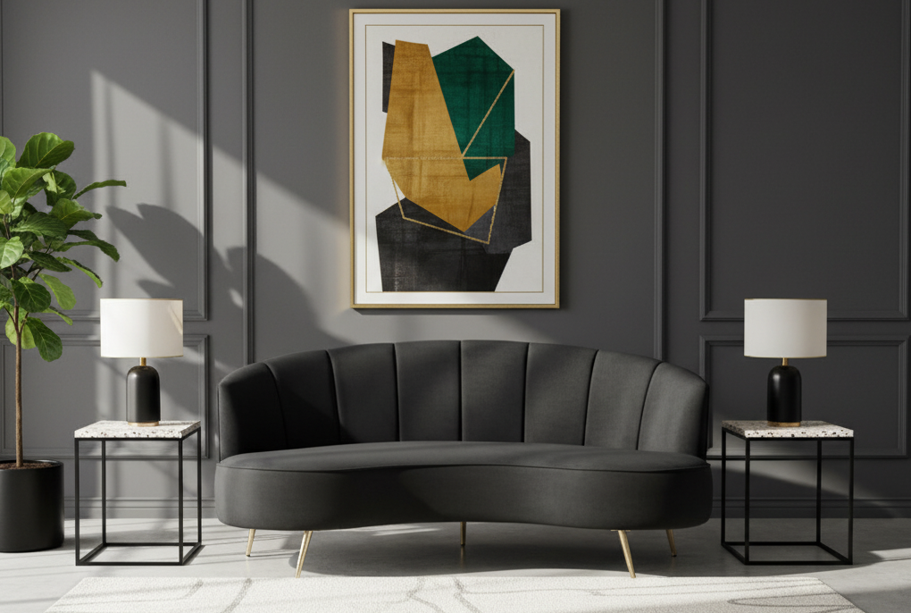 Lina Black 3 Seater Velvet Sofa Lina 3 Seater Sofa. Velvet Sofa. Mid-Century Sofa. Gold Finish Legs. Grey Sofa. Black Sofa. Cream Sofa. Living Room Furniture. Luxe Sofa. Curved Sofa. Three Seater. Slanted Legs. Stylish Sofa. Comfortable Seating. Home Furniture. Modern Sofa. Elegant Sofa. Upholstered Sofa. Velvet Upholstery. Designer Sofa.