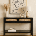 Nero Console Table. Black console table. Wood console table. Natural rattan panels. Console table with drawers. Undershelf storage. Modern console table. Minimalist furniture. Living room furniture. Home decor. Black furniture. Natural textures. Practical storage solution. Earthy design. Stylish console table. Durable furniture. Wood and rattan furniture. Contemporary console table. Black and natural finish. Small space furniture. Versatile console table.