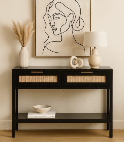 Nero Console Table. Black console table. Wood console table. Natural rattan panels. Console table with drawers. Undershelf storage. Modern console table. Minimalist furniture. Living room furniture. Home decor. Black furniture. Natural textures. Practical storage solution. Earthy design. Stylish console table. Durable furniture. Wood and rattan furniture. Contemporary console table. Black and natural finish. Small space furniture. Versatile console table.