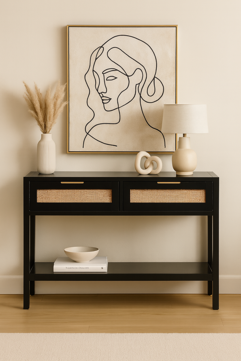 Nero Console Table Nero Console Table. Black console table. Wood console table. Natural rattan panels. Console table with drawers. Undershelf storage. Modern console table. Minimalist furniture. Living room furniture. Home decor. Black furniture. Natural textures. Practical storage solution. Earthy design. Stylish console table. Durable furniture. Wood and rattan furniture. Contemporary console table. Black and natural finish. Small space furniture. Versatile console table.