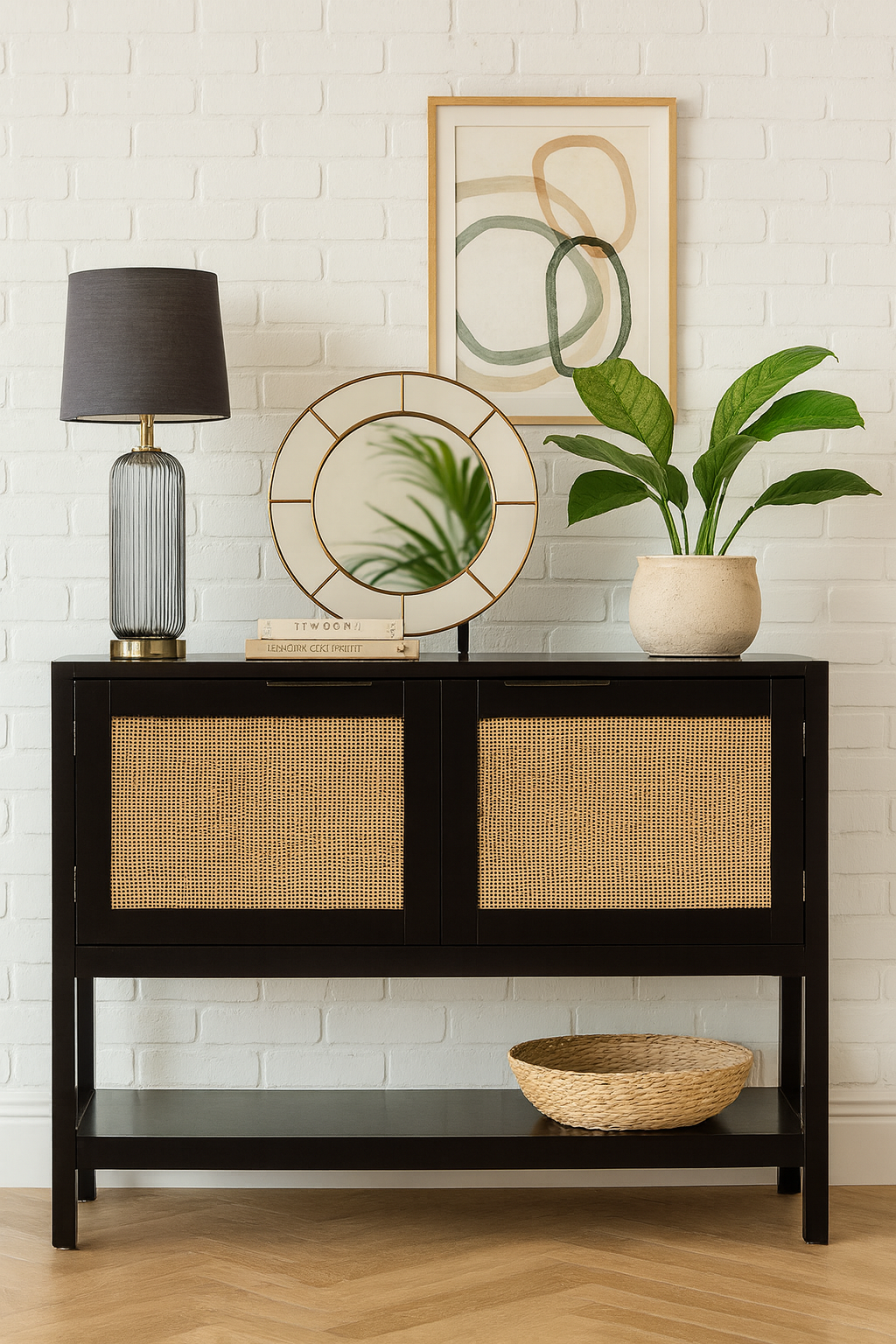 Nero Side Cabinet Nero Side Cabinet. Black furniture. Wood cabinet. Natural rattan panels. Storage solution. Two closed shelves. Undershelf. Modern home furniture. Warm aesthetic. Earthy tones. Contemporary design. Living room storage. Bedroom furniture. Stylish cabinet. Practical storage. Minimalist cabinet. Durable wood. Eco-friendly materials. Home organisation.