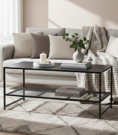 Axel Coffee Table. Grey coffee table. Black coffee table. Industrial coffee table. Powder-coated metal. Open mesh shelf. Space-saving furniture. Living room table. Modern design. Minimalist coffee table. Home furniture. Durable metal table. Contemporary style. Functional coffee table.