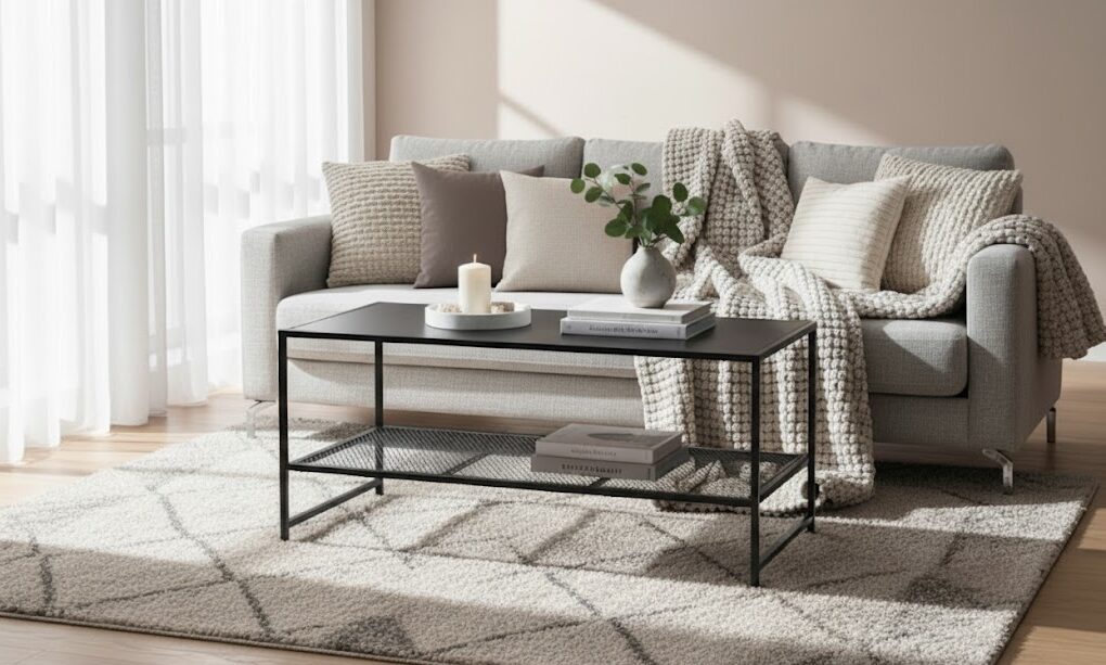 Axel Coffee Table Axel Coffee Table. Grey coffee table. Black coffee table. Industrial coffee table. Powder-coated metal. Open mesh shelf. Space-saving furniture. Living room table. Modern design. Minimalist coffee table. Home furniture. Durable metal table. Contemporary style. Functional coffee table.