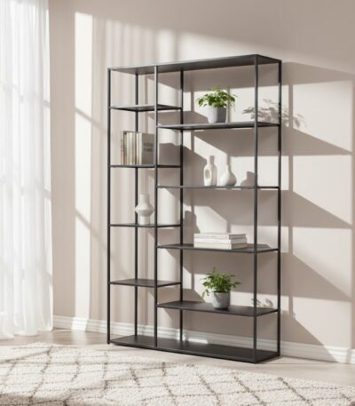 Axel shelf unit. Multi-level shelving. Metal shelf unit. Grey powder coated metal. Industrial shelf unit. Open shelving. Home storage furniture. Modern shelving unit. Minimalist shelf design. Large storage unit. Organiser shelf. Living room shelf. Office storage shelf. Display shelves. Industrial home decor. Contemporary storage solution. Grey metal furniture. Modern open shelf unit. Multi-purpose shelf unit. Sleek metal shelving.