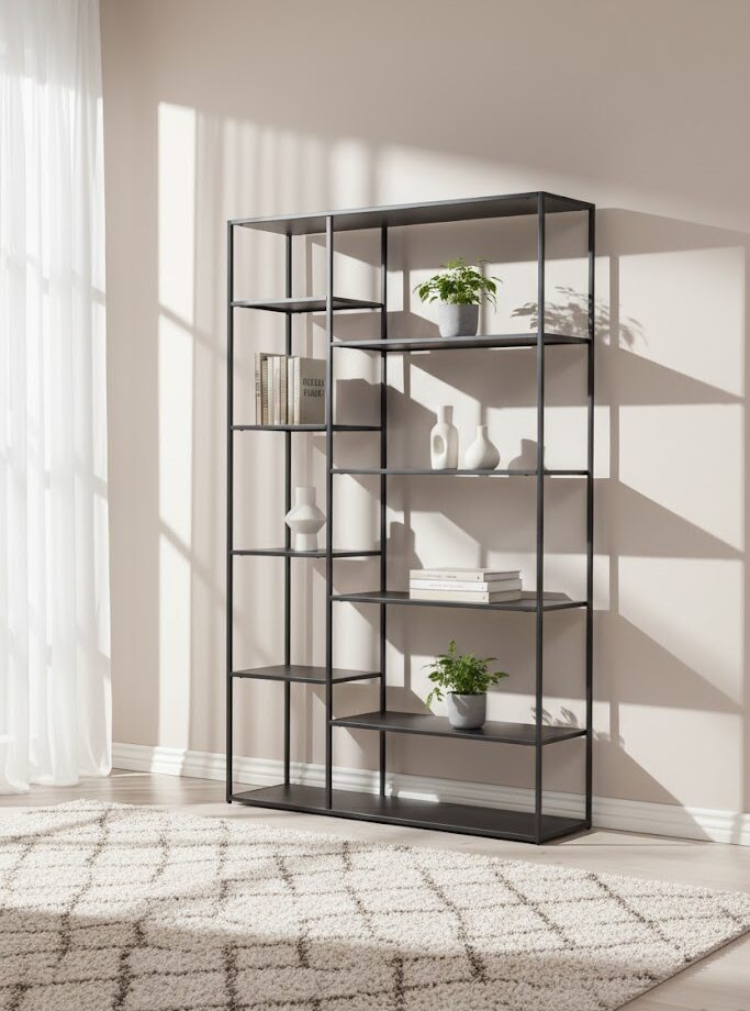 Axel Large Multi Shelf Unit Axel shelf unit. Multi-level shelving. Metal shelf unit. Grey powder coated metal. Industrial shelf unit. Open shelving. Home storage furniture. Modern shelving unit. Minimalist shelf design. Large storage unit. Organiser shelf. Living room shelf. Office storage shelf. Display shelves. Industrial home decor. Contemporary storage solution. Grey metal furniture. Modern open shelf unit. Multi-purpose shelf unit. Sleek metal shelving.