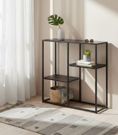 Axel Multi Shelf Unit. Black shelf unit. Grey shelf unit. Metal shelf unit. Powder coated shelf. Open shelving unit. Industrial shelf unit. Minimalist shelving. Multi tier storage. Modern shelf design. Metal storage furniture. Contemporary shelf unit. Industrial home décor. Versatile storage solution. Openwork shelving. Living room shelves. Hallway storage. Sleek metal shelving. Home organisation furniture. Loft style shelving. Adjustable tier shelves. Display unit. Black and grey furniture. Metal shelving unit. Powder-coated metal furniture.