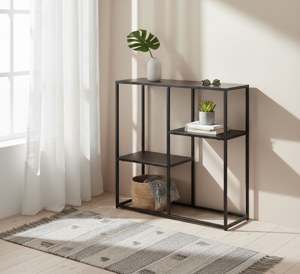 Axel Multi Shelf Unit Axel Multi Shelf Unit. Black shelf unit. Grey shelf unit. Metal shelf unit. Powder coated shelf. Open shelving unit. Industrial shelf unit. Minimalist shelving. Multi tier storage. Modern shelf design. Metal storage furniture. Contemporary shelf unit. Industrial home décor. Versatile storage solution. Openwork shelving. Living room shelves. Hallway storage. Sleek metal shelving. Home organisation furniture. Loft style shelving. Adjustable tier shelves. Display unit. Black and grey furniture. Metal shelving unit. Powder-coated metal furniture.