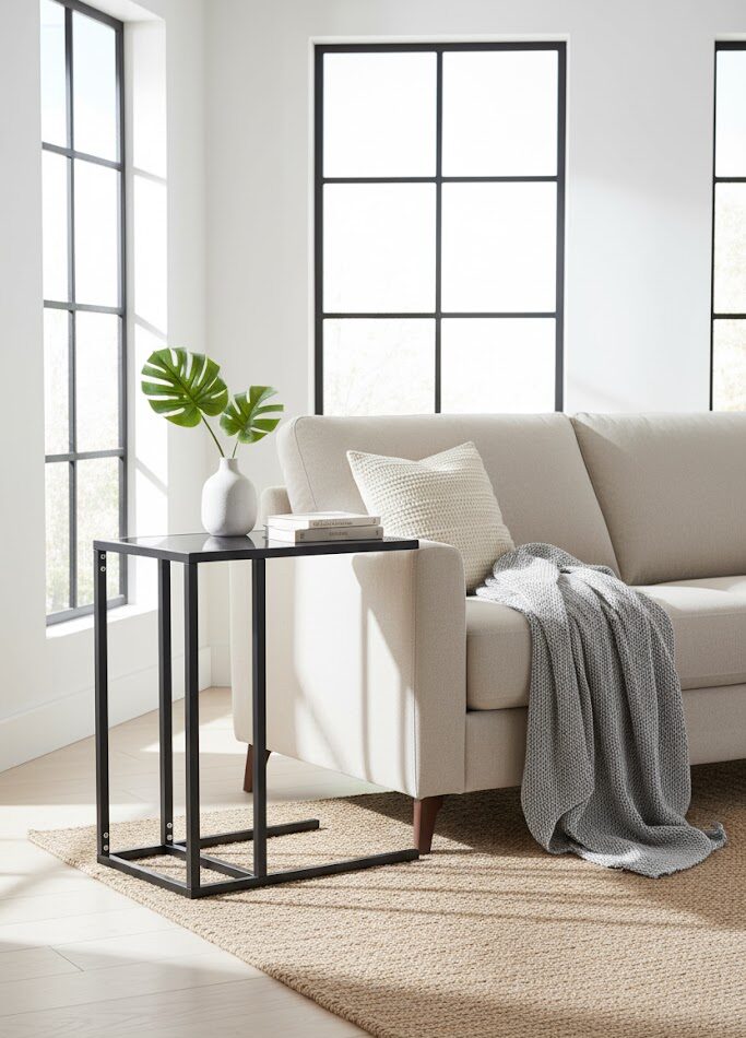 Axel Side Table Axel Side Table. C-shaped side table. Black side table. Grey side table. Powder-coated metal. Modern side table. Minimalist furniture. Lightweight table. Living room furniture. Sofa side table. Contemporary home decor. Metal side table. Sleek design. Open sledge base. Durable side table. Small side table. Compact furniture. Space-saving table. Elegant side table. Home accessories.