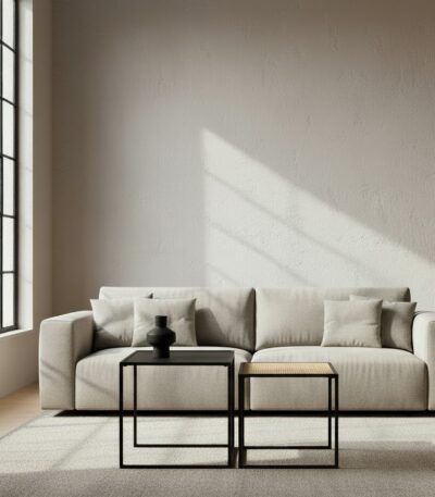 Dakota Nest of 2 Tables. Nesting tables. Black iron tables. Rattan and metal tables. Durable side tables. Space-saving furniture. Modern tables. Minimalist design. Natural living. Home furniture. Living room tables. Versatile tables. Black furniture. Contemporary decor. Stylish tables. Functional furniture. Accent tables. Small space furniture. Sleek square frames. Eco-friendly materials. Rustic-modern style.