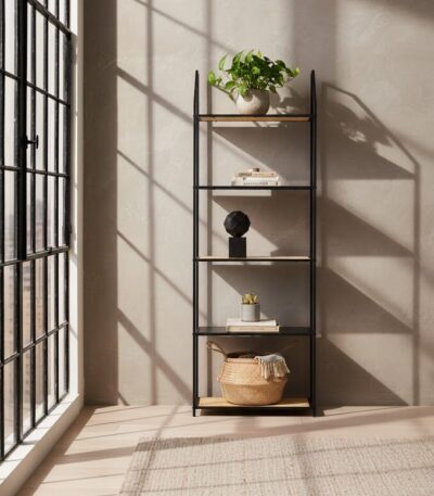 Dakota shelf unit. 5 tier shelf. Black metal shelf. Natural rattan shelves. Open storage. Sturdy metal frame. Home storage. Living room furniture. Modern shelves. Natural living. Contemporary furniture. Black shelving unit. Versatile storage. Decorative shelves. Home organization. Rustic style. Minimalist shelves. Bookcase. Display shelves. Home decor.