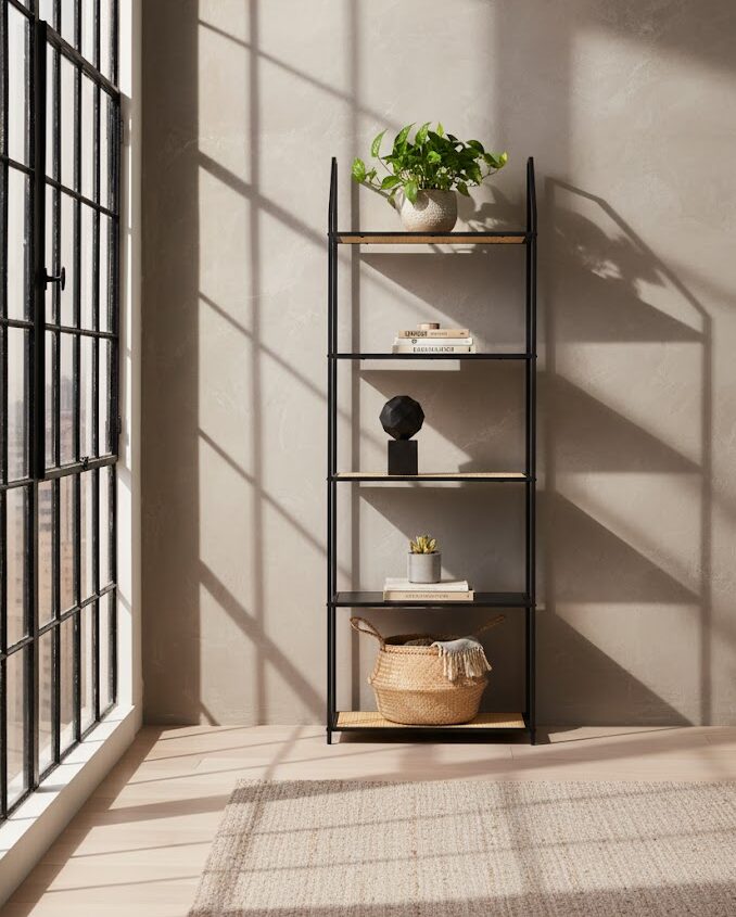 Dakota 5 Tier Shelf Unit Dakota shelf unit. 5 tier shelf. Black metal shelf. Natural rattan shelves. Open storage. Sturdy metal frame. Home storage. Living room furniture. Modern shelves. Natural living. Contemporary furniture. Black shelving unit. Versatile storage. Decorative shelves. Home organization. Rustic style. Minimalist shelves. Bookcase. Display shelves. Home decor.