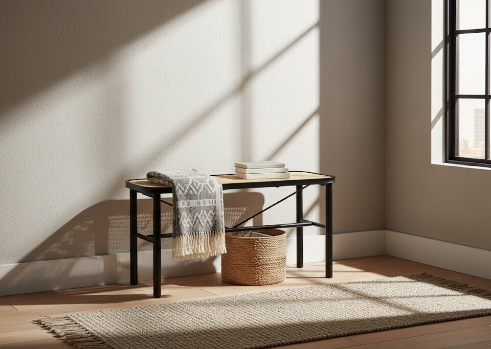 Dakota Bench Dakota bench. Natural rattan bench. Black metal frame. Handwoven rattan. Minimalist bench. Organic texture. Sleek design. Home furniture. Natural living. Modern bench. Living room furniture. Rectangular bench. Stylish seating. Eco-friendly furniture. Durable bench.