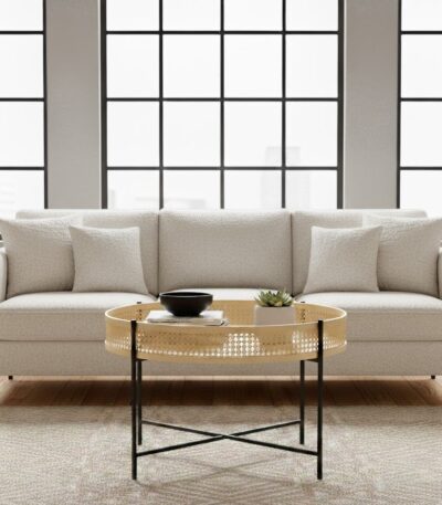 Dakota. Coffee Table. Natural Rattan. Hand Woven. Black Metal Base. Round Table. Cross Base. Organic Texture. Natural Living. Living Room Furniture. Home Decor. Sleek Design. Minimalist. Contemporary. Brown. Black. Natural Colors.