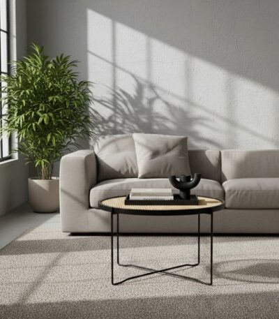 Dakota. Round coffee table. Natural rattan. Hand-woven rattan. Black metal base. Sleek design. Minimalist furniture. Organic texture. Natural living. Home furniture. Living room table. Modern coffee table. Durable. Stylish table.