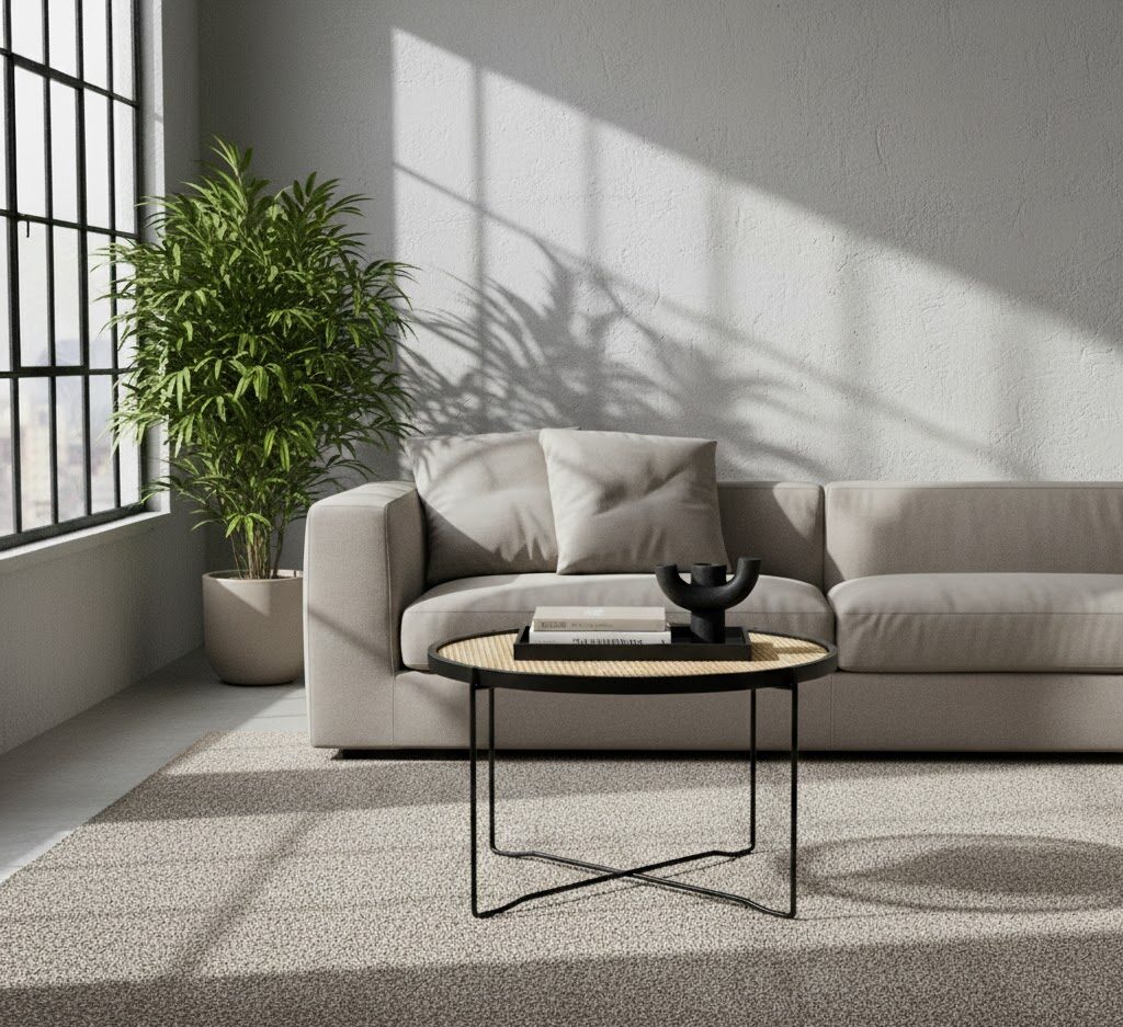 Dakota Round Coffee Table Dakota. Round coffee table. Natural rattan. Hand-woven rattan. Black metal base. Sleek design. Minimalist furniture. Organic texture. Natural living. Home furniture. Living room table. Modern coffee table. Durable. Stylish table.