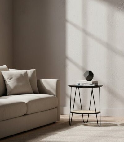 dakota side table. black metal side table. side table with rattan shelf. hairpin leg table. small round table. modern side table. boho side table. minimalist side table. rattan furniture. black and natural table. living room side table. compact accent table. metal and rattan table. natural living furniture. decorative side table. small storage table. round top side table. coffee table alternative. scandi boho furniture. home furniture.