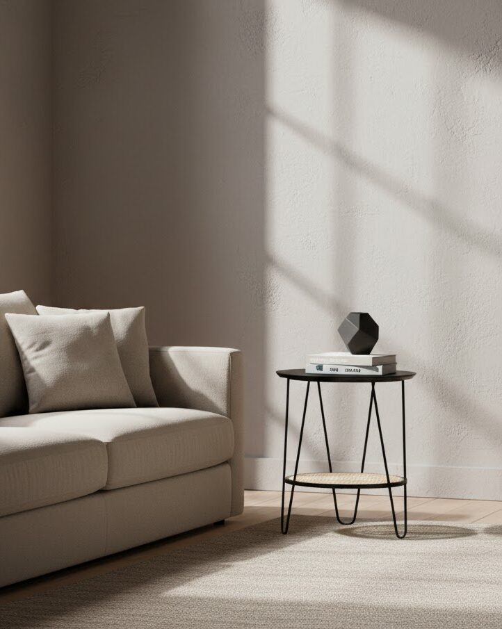 Dakota Side Table With Hairpin Legs dakota side table. black metal side table. side table with rattan shelf. hairpin leg table. small round table. modern side table. boho side table. minimalist side table. rattan furniture. black and natural table. living room side table. compact accent table. metal and rattan table. natural living furniture. decorative side table. small storage table. round top side table. coffee table alternative. scandi boho furniture. home furniture.