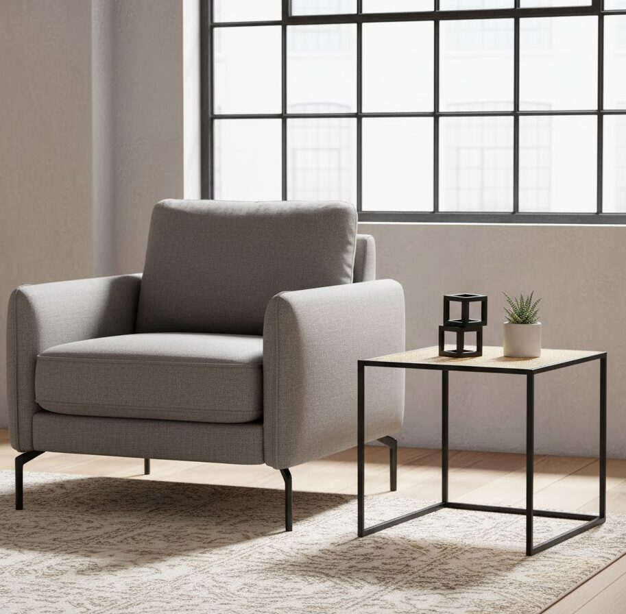 Dakota Square Side Table Dakota. Side table. Natural rattan. Hand-woven. Square webbing. Black metal frame. Minimalist furniture. Natural living. Home décor. Living room. Organic texture. Sleek design. Rustic style. Eco-friendly furniture. Small table. Accent table. Modern rustic. Sustainable materials.