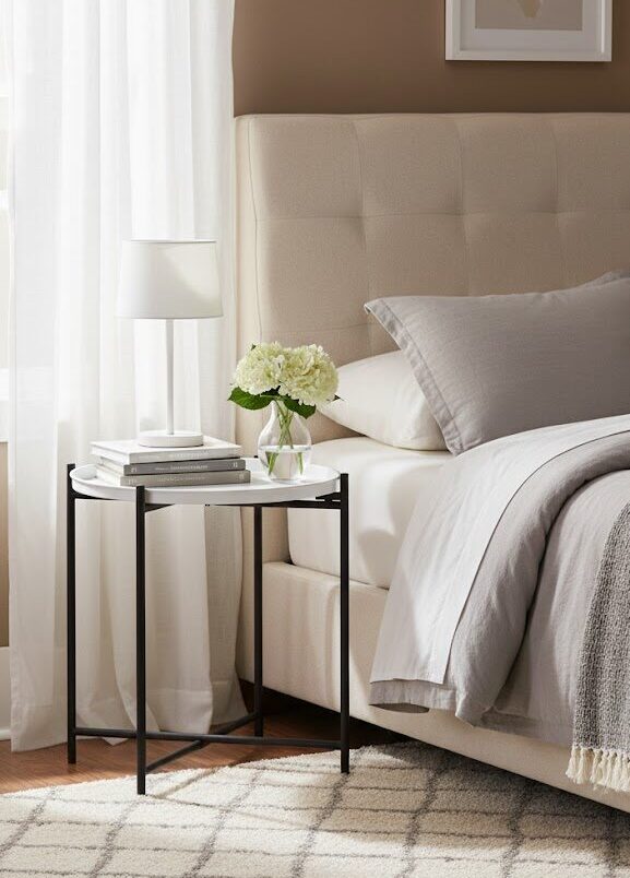 Elaro Side Table with Round Top home. furniture. side table. modern side table. minimalist furniture. tray table. accent table. round top table. black iron legs. lattice base. contemporary style. white tray. grey tray. small table. living room furniture. stylish side table. metal table. modern home décor. interior design. compact table. Scandinavian style. functional furniture. decorative table. sofa side table. bedroom side table. entryway furniture.