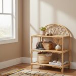 Lazaro shelf unit. 3 tier shelf. Natural rattan furniture. Rattan storage. Natural living. Arched back shelf. Rectangular shelves. Home storage. Eco-friendly furniture. Rustic decor. Boho furniture. Natural wood finish. Brown rattan. Minimalist shelving. Durable rattan. Living room storage. Bedroom storage. Stylish shelving. Sustainable furniture. Handcrafted shelf.