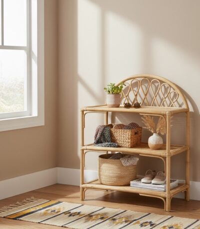 Lazaro shelf unit. 3 tier shelf. Natural rattan furniture. Rattan storage. Natural living. Arched back shelf. Rectangular shelves. Home storage. Eco-friendly furniture. Rustic decor. Boho furniture. Natural wood finish. Brown rattan. Minimalist shelving. Durable rattan. Living room storage. Bedroom storage. Stylish shelving. Sustainable furniture. Handcrafted shelf.