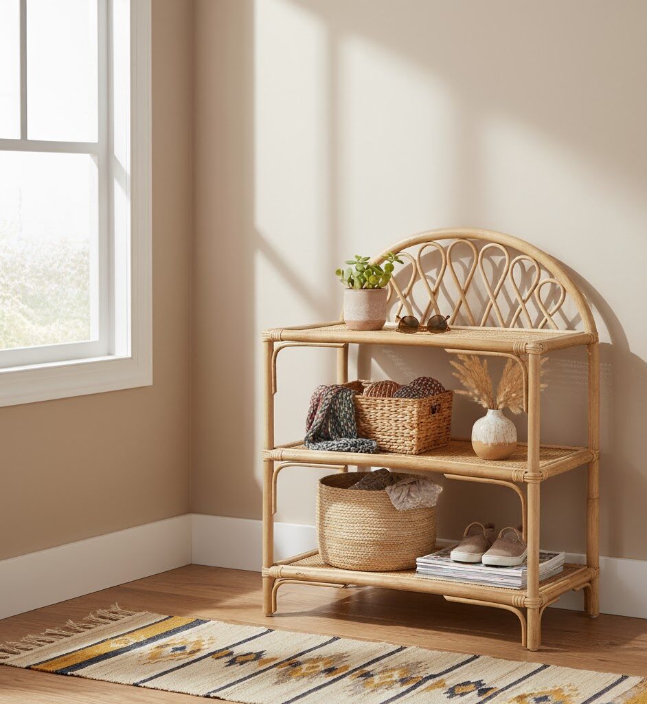 Lazaro 3 Tier Rattan Shelf Unit Lazaro shelf unit. 3 tier shelf. Natural rattan furniture. Rattan storage. Natural living. Arched back shelf. Rectangular shelves. Home storage. Eco-friendly furniture. Rustic decor. Boho furniture. Natural wood finish. Brown rattan. Minimalist shelving. Durable rattan. Living room storage. Bedroom storage. Stylish shelving. Sustainable furniture. Handcrafted shelf.