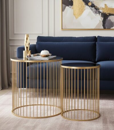 valento side tables. set of 2 side tables. gold side tables. black glass top tables. tempered glass tables. modern side tables. contemporary furniture. luxury home decor. minimalist side tables. small accent tables. round side tables. cage frame tables. iron frame tables. stylish end tables. living room furniture. bedroom side tables. designer tables. modern luxe tables. glass top side tables. home furniture accessories.