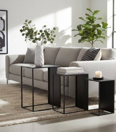 Valento. Side tables. Set of 3. Black finish. Iron frame. Minimalist furniture. Rectangular tables. Modern home decor. Durable tables. Compact design. Living room furniture. Sleek tables. Contemporary style. Space-saving furniture. Home accessories. Functional furniture. Versatile tables. Luxury finish. Black furniture. Metal furniture. Stylish side tables.