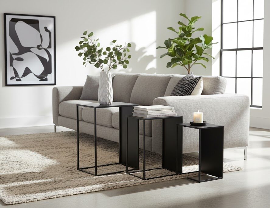 Valento Set Of 3 Side Tables Valento. Side tables. Set of 3. Black finish. Iron frame. Minimalist furniture. Rectangular tables. Modern home decor. Durable tables. Compact design. Living room furniture. Sleek tables. Contemporary style. Space-saving furniture. Home accessories. Functional furniture. Versatile tables. Luxury finish. Black furniture. Metal furniture. Stylish side tables.